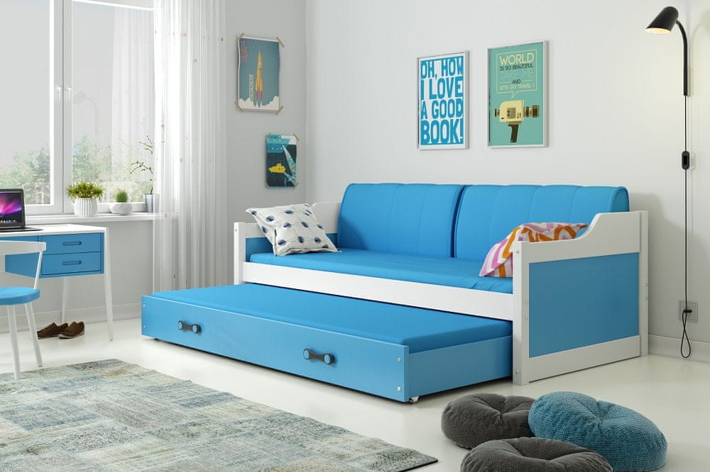 eoshop Detská posteľ David - 2 osoby, 80x190 s výsuvnou prístelkou - Biela, Modrá